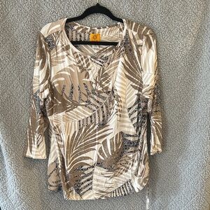Ruby Rd. Beige and Black Leaf Print Blouse